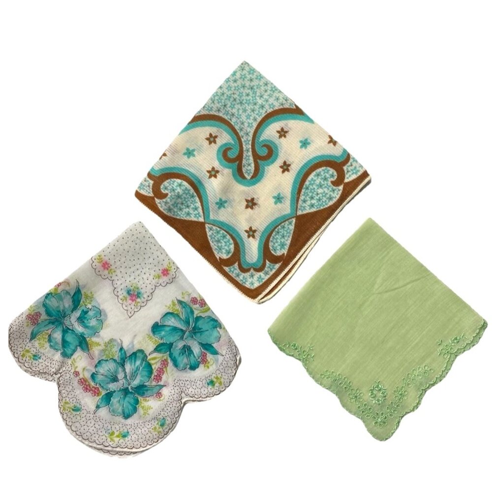 Vtg Ladies Hankies Lot Of 3 Handkerchiefs Greens Browns Orchids Embroidery
